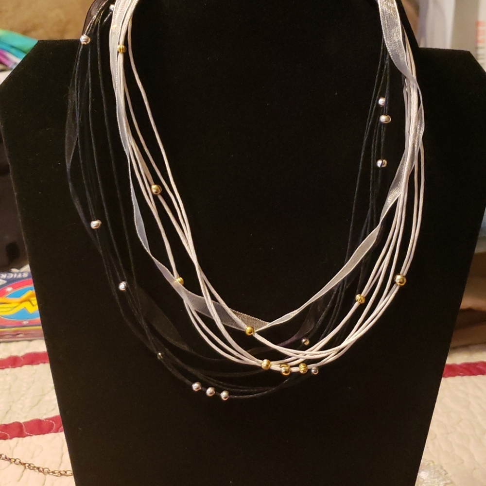 Multi-Strand Ribbon & Cording Choker Black/White